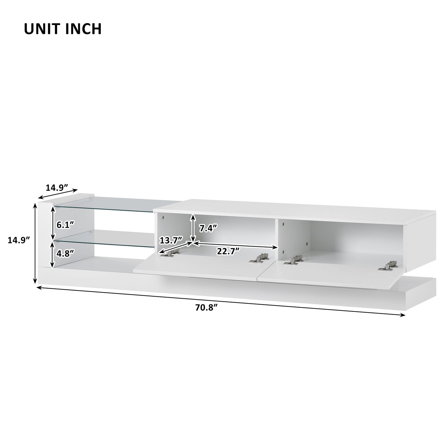 On-Trend TV Stand with Two Media Storage Cabinets Modern High Gloss Entertainment Center for 75 Inch TV, 16-color RGB LED Color Changing Lights for Living Room, White