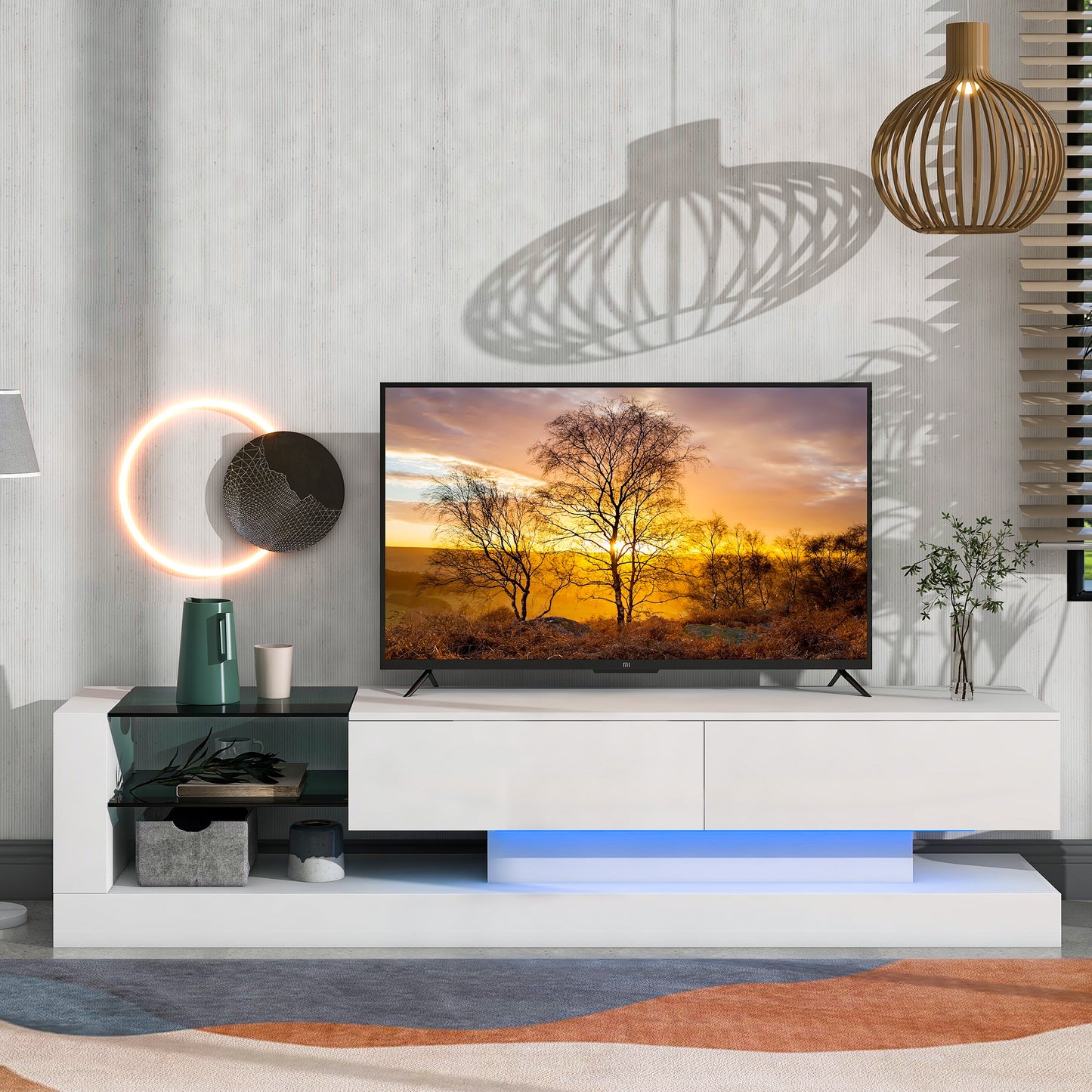 On-Trend TV Stand with Two Media Storage Cabinets Modern High Gloss Entertainment Center for 75 Inch TV, 16-color RGB LED Color Changing Lights for Living Room, White